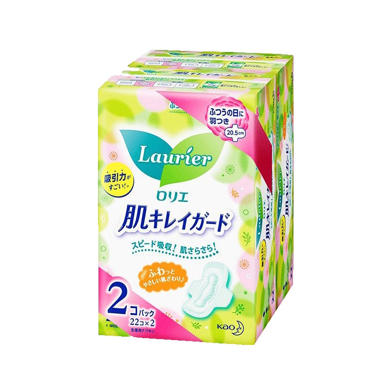 [清爽瞬吸卫生巾]Lauríer 花王(乐而雅)清爽瞬吸日用护翼型卫生巾/棉条 20.5厘米 22片/包 姨妈巾 两包装