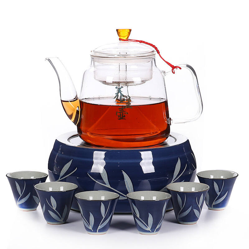 尚帝 手绘陶瓷煮茶器黑茶煮茶壶电热电陶炉煮茶炉煮茶碗分茶器茶杯套装 手绘茶杯玻璃茶壶
