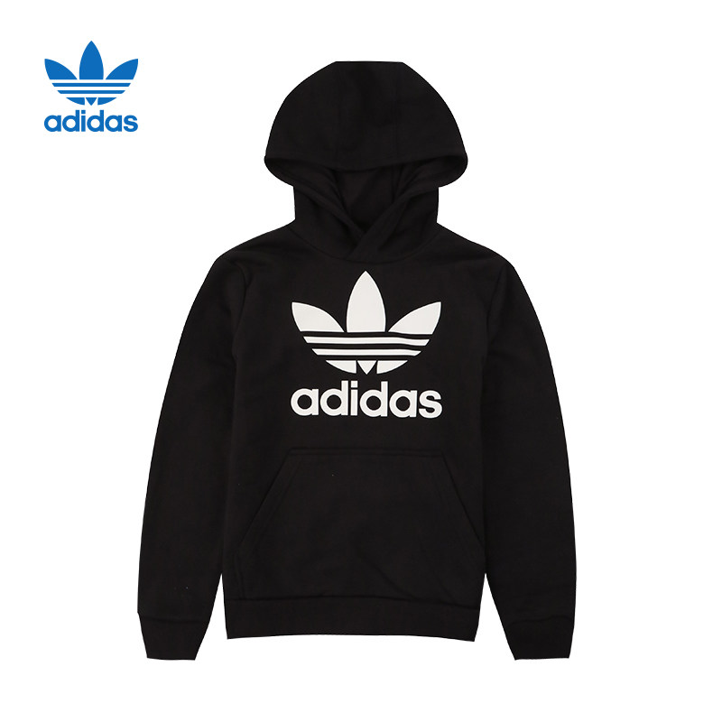 阿迪达斯儿童adidas kids三叶草男大童连帽黑色运动卫衣套头衫CD6499
