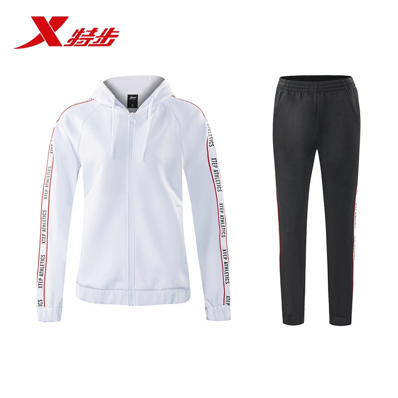 特步(Xtep)女运动套装2018秋新款针织两件套连帽外套紧身型薄款休闲裤882328969276