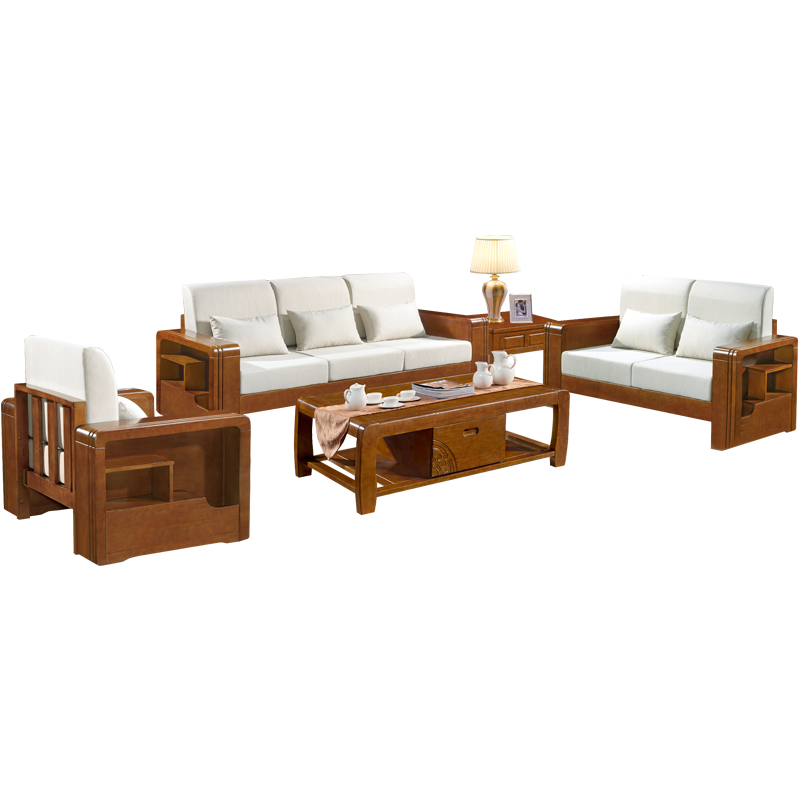 中伟(ZHONGWEI)沙发实木沙发组合新中式布艺沙发现代简约客厅沙发1+2+3+茶几+方几/胡桃色#803酒店沙发