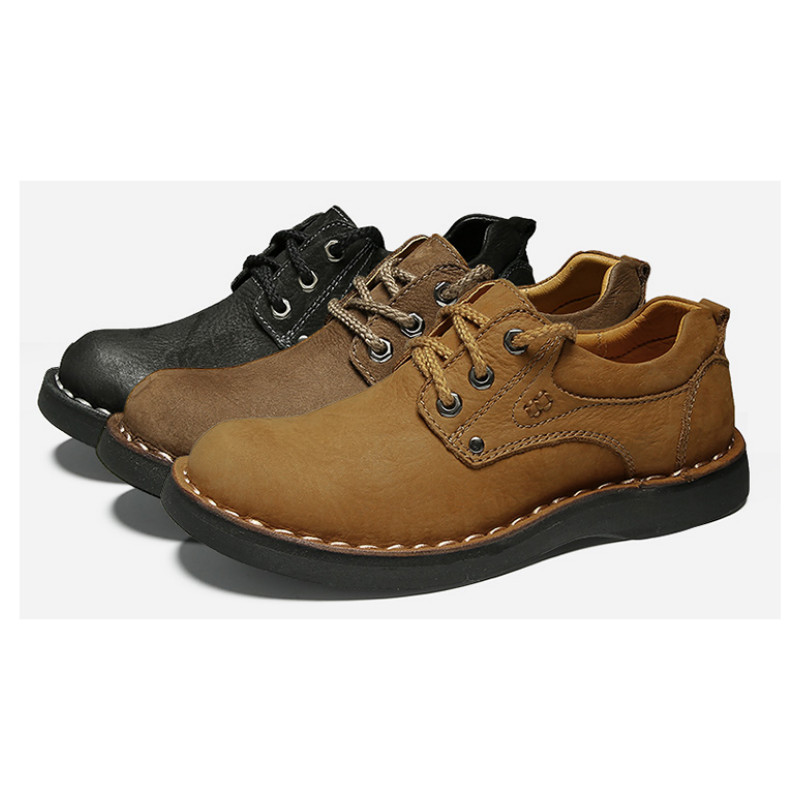 男鞋秋季休闲鞋男低帮防滑潮流工装鞋真皮系带男士大头鞋 黑色款