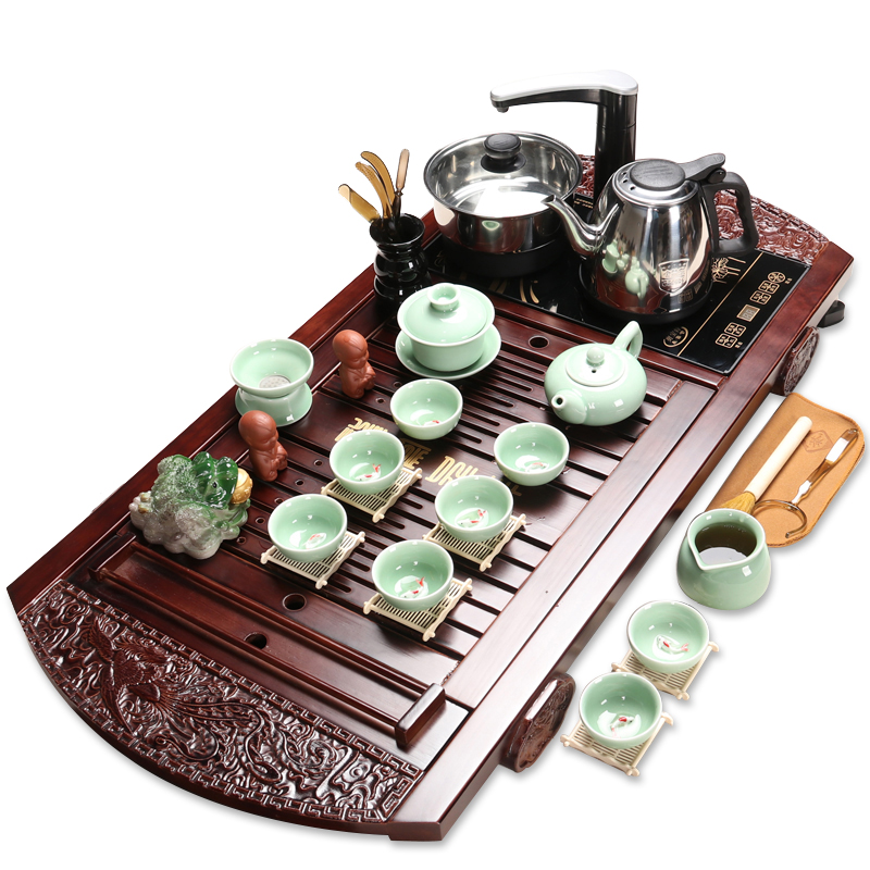 百鸿(Baihong) 整套功夫陶瓷茶壶茶具套装整套家用全自动四合一实木茶盘 小龙凤呈祥青瓷鱼戏茶具套装