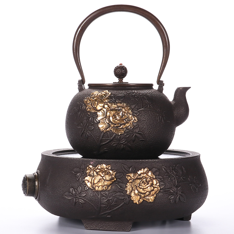 Atelier Tete 铁壶铸铁 煮茶器仿日本煮茶壶套装电陶炉半手工泡茶煮水壶煮茶器 富贵牡丹铁壶套组