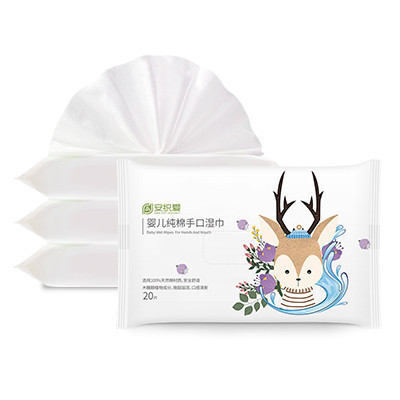 安织爱婴幼儿100%天然纯棉木糖醇肌肤手口专用湿巾20抽*1包(小鹿款)