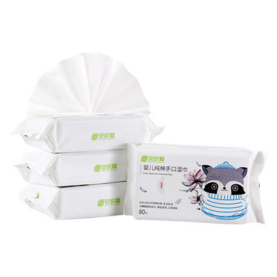 安织爱 婴幼儿宝宝100%纯棉天然纯棉湿巾手口专用护肤湿巾80抽*1包(小浣熊款)