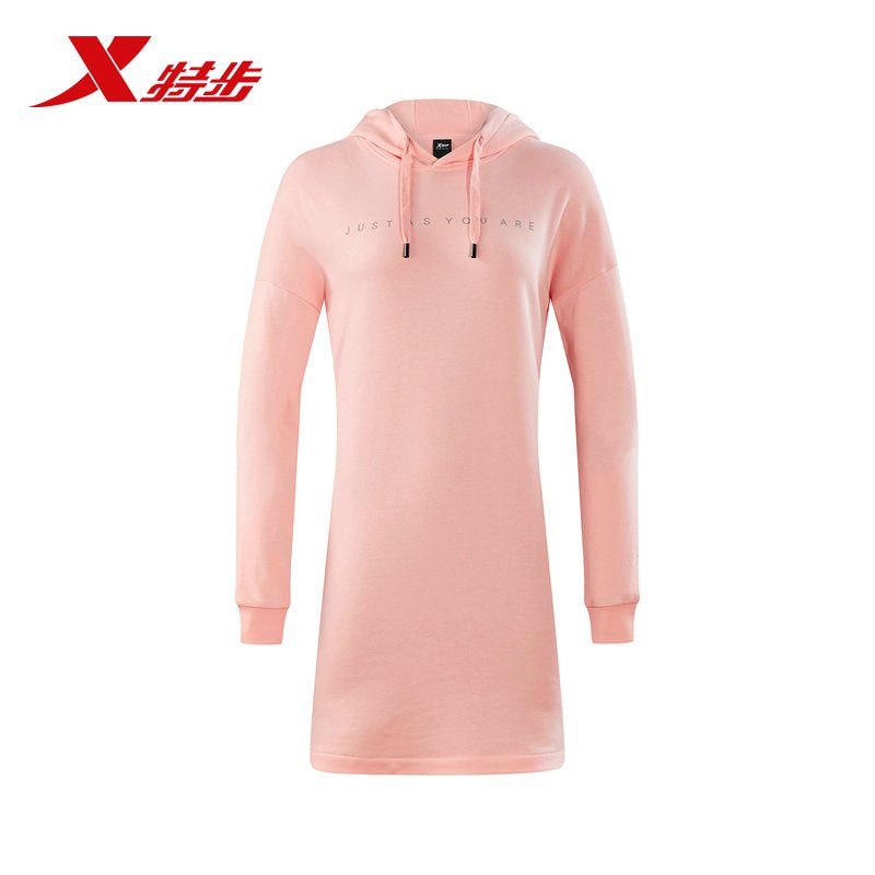 特步女装正品2018秋新款长款舒适连帽套头衫运动卫衣882328059061