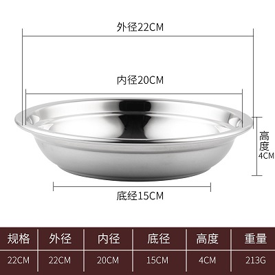 [庆展]22cm不锈钢深盘 家用菜盘圆形饺子盘点心盘加厚平盘蒸鱼盘菜碟子餐盘 PQ22-2(2个)