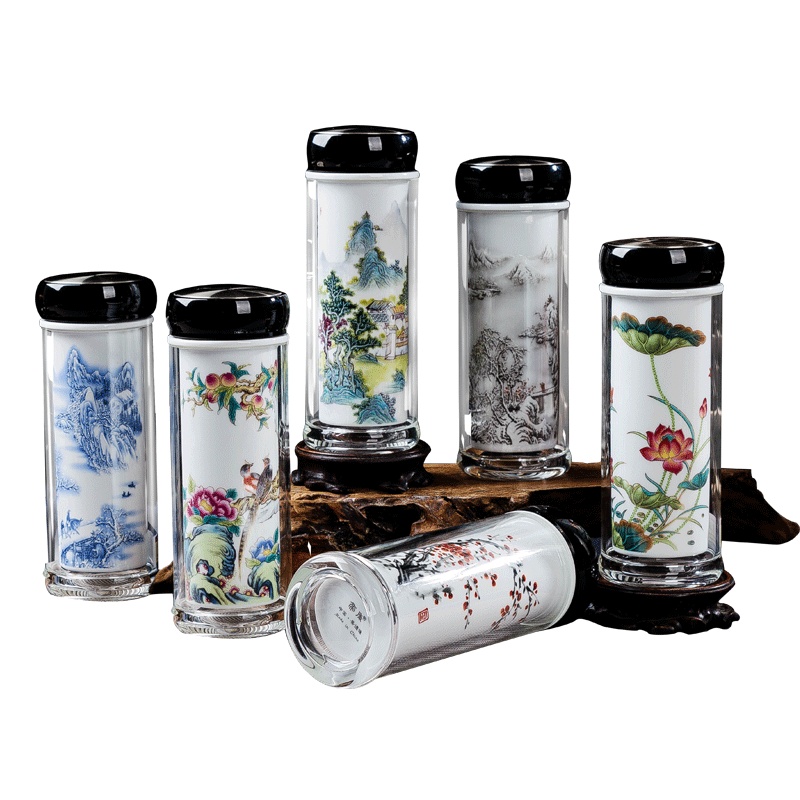富昱景 景德镇陶瓷办公保温水杯带盖双层直身便携商务礼品茶杯 水晶杯 瑞雪兆丰年