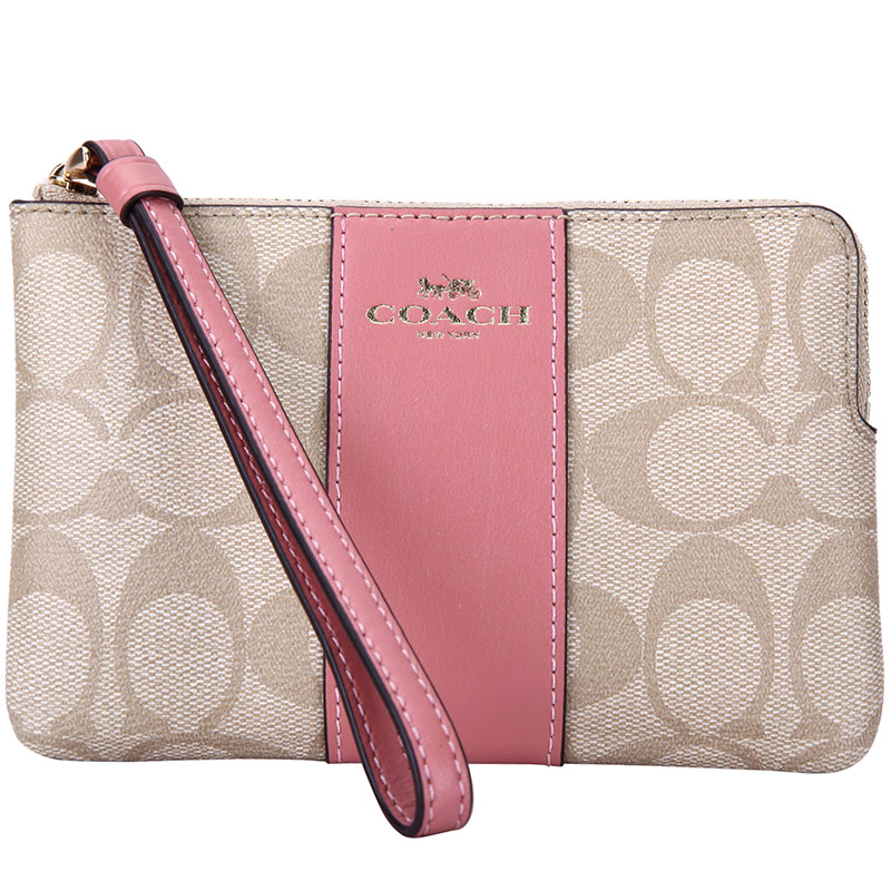 COACH 蔻驰 手拿包女士卡其粉色边PVC短款手拿包零钱包 F58035 IMBE5