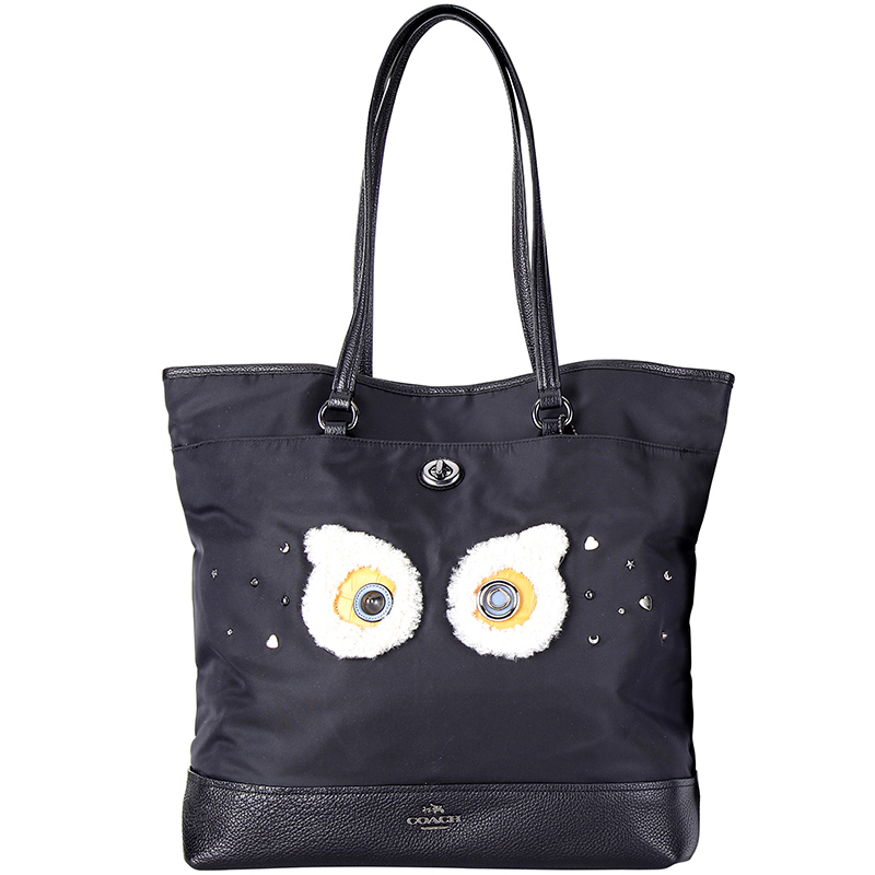 COACH 蔻驰 女包女士黑色帆布萌熊系列手提肩背包 F22895 QB/BK