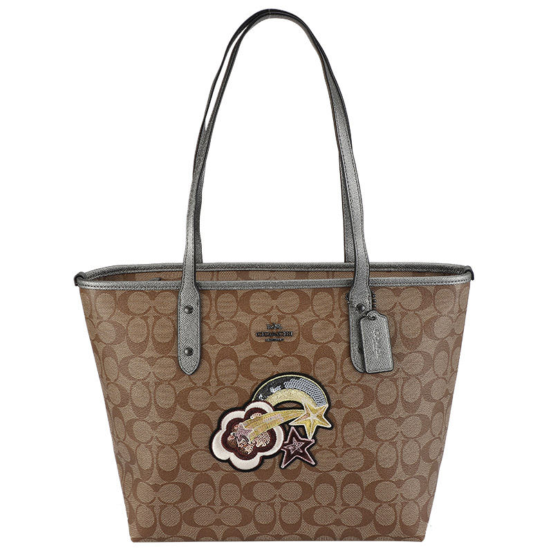 COACH 蔻驰 女包女士卡其图案款PVC手提单肩托特包 F38060 QBO3A