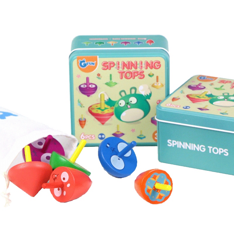 GFUN儿童彩色旋转6只装木质陀螺卡通玩具木制3岁以上幼儿园户外陀螺传统玩具
