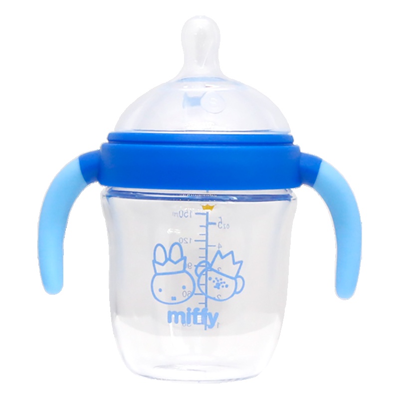 米菲(Miffy)广口径玻璃奶瓶150ml(蓝)带手柄耐高温
