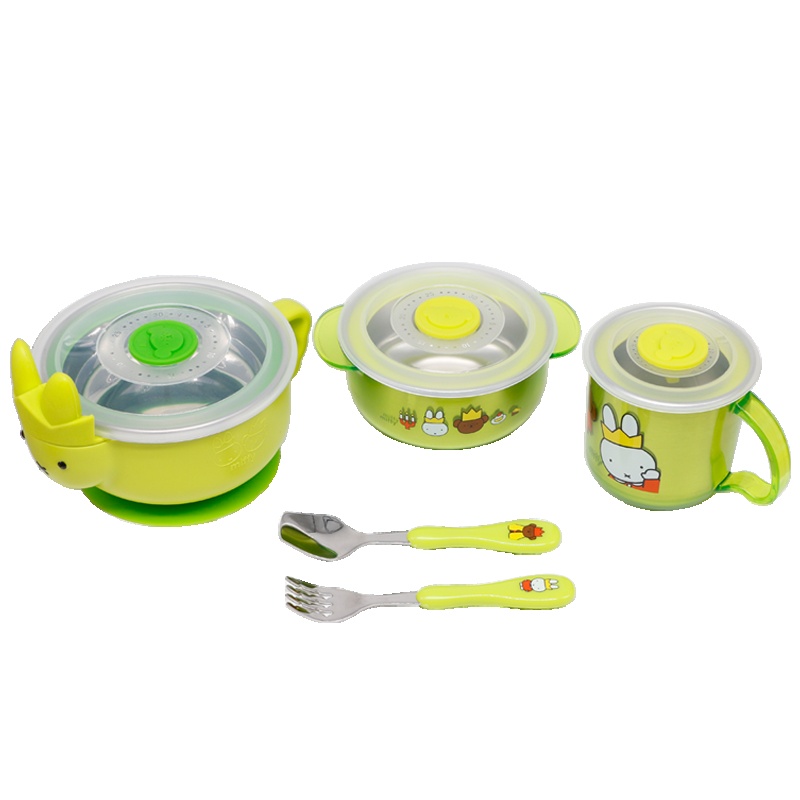 米菲(Miffy)母婴婴幼儿童餐具不锈钢餐具礼盒 (绿色)(5件套)