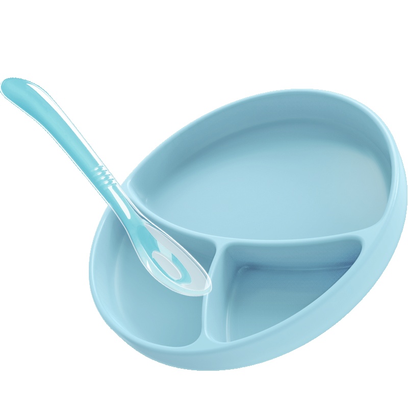 爱音(Aing)母婴婴幼儿童餐具儿童餐具宝宝分格餐盘硅胶吸盘碗勺套装婴儿辅食碗2件套蓝色