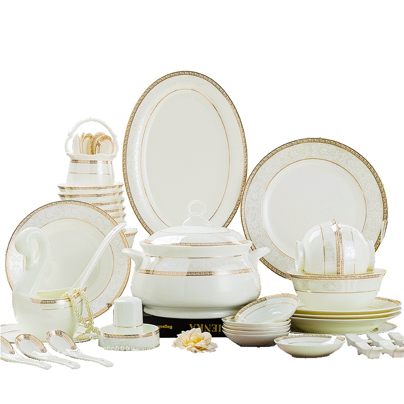 富昱景 碗碟套装 家用欧式简约金边陶瓷餐具套装 景德镇陶瓷碗盘组合 60件