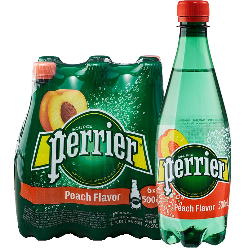 法国原装进口 Perrier巴黎水 含气矿泉水桃子味500ml*6瓶/箱 净含量3000ml