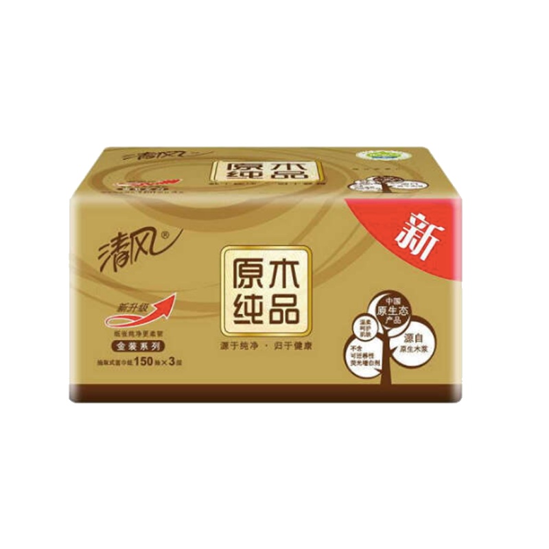 清风抽纸原木纯品金装软抽纸3层150抽*3包中规格 BR36MJ(16提起订)