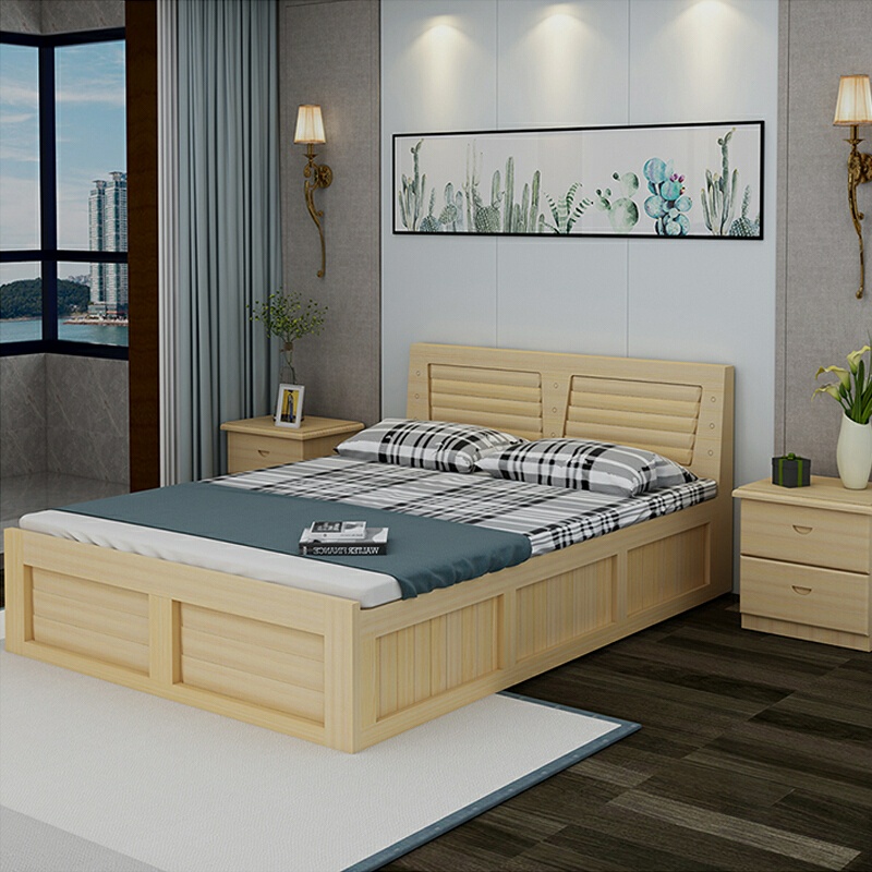 英飞力实木双人床现代简约经济型木床租房床储物松木单人气动高箱床原木色2130*1800*400