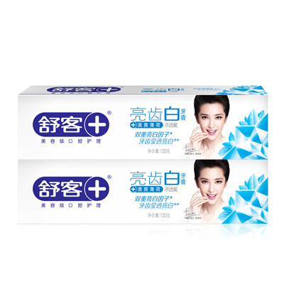 舒客舒克亮齿白薄荷味牙膏炫白去渍清新口气无氟牙膏120g*2支