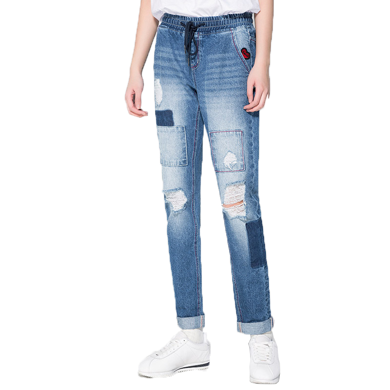 女款中腰系带破洞贴布牛仔垮裤