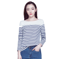 女款蓝色圆领个性横条纹修身长袖T恤