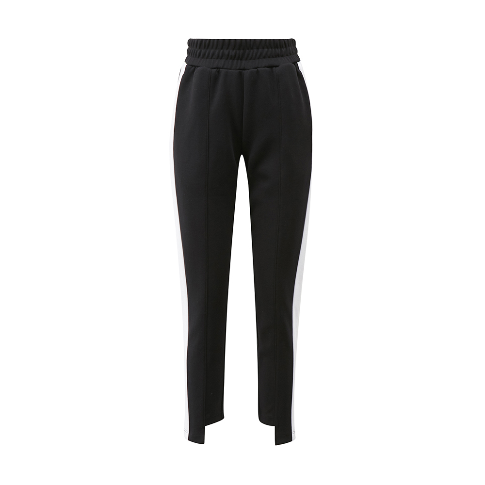 美特斯邦威针织长裤秋季黑白撞色拼接不规则裤脚针织裤