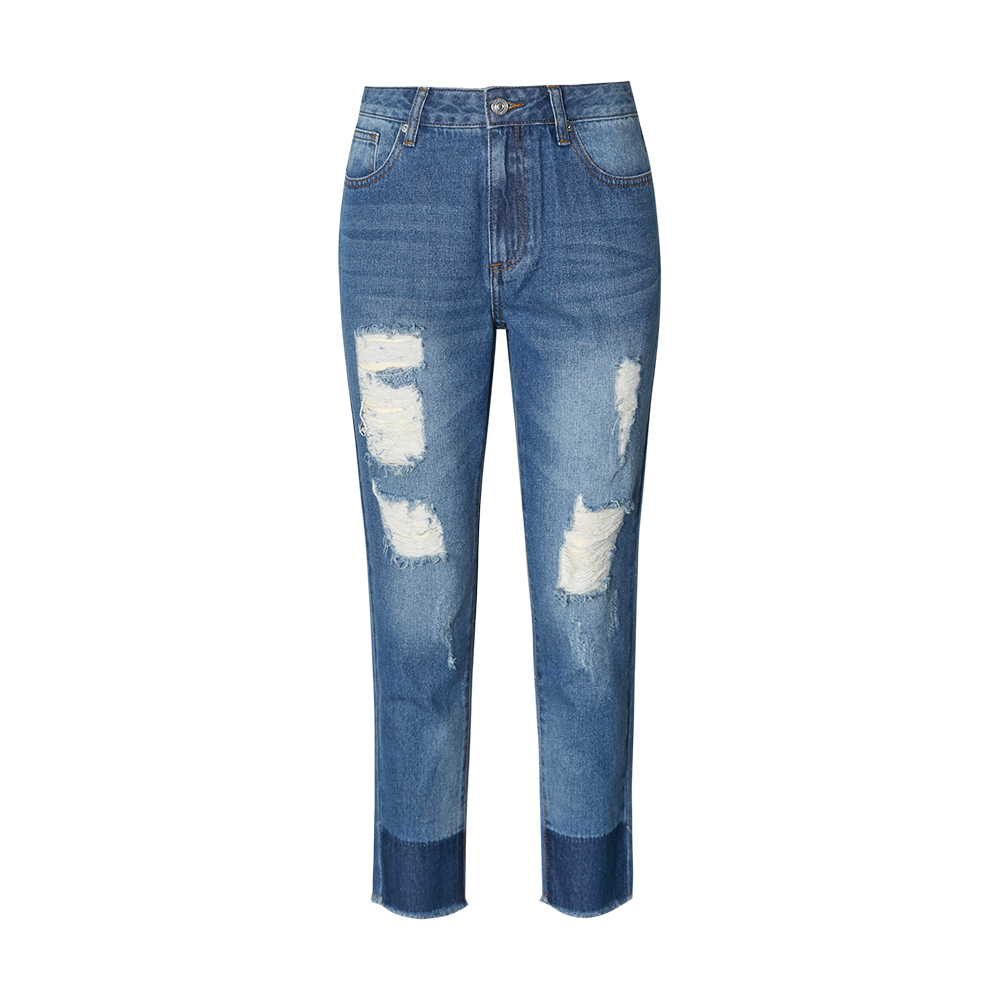 美特斯邦威牛仔长裤女秋冬季个性破洞bf风不规则脚裤子