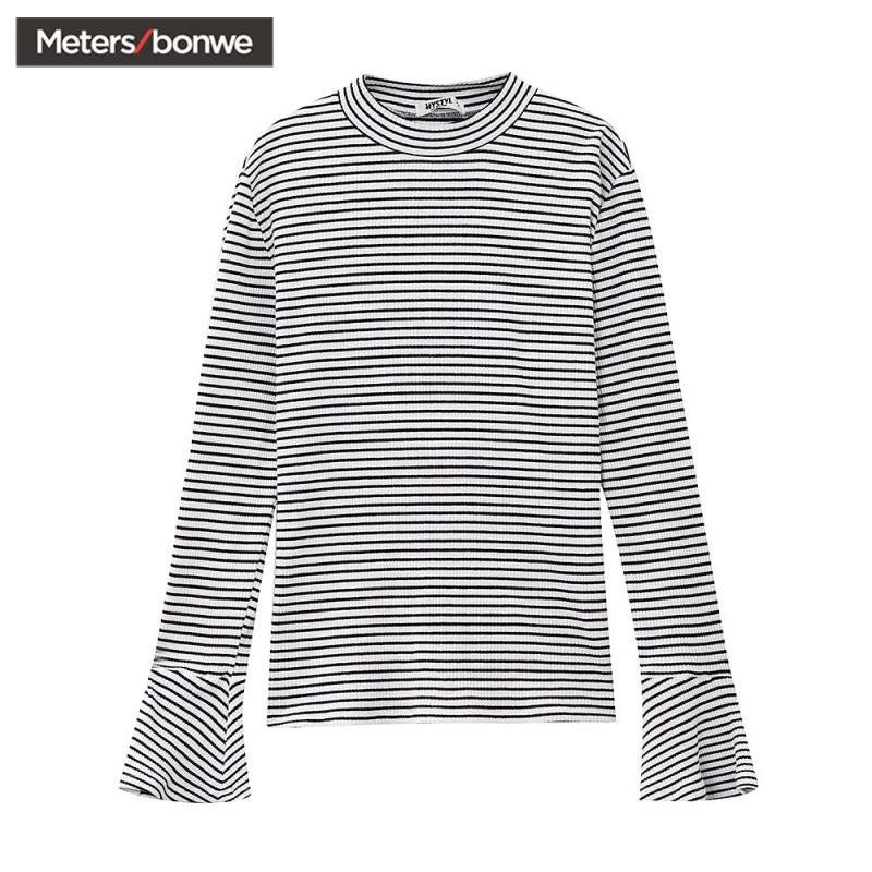 美特斯邦威条纹长袖T恤女2018新款上衣潮流喇叭袖秋装休闲打底衫205821