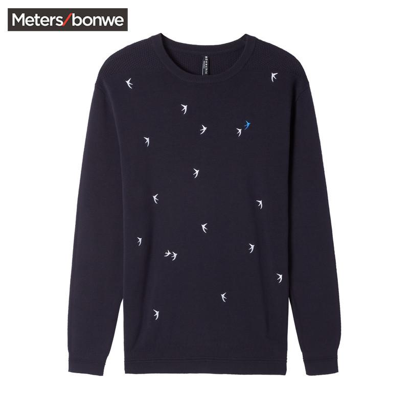 美特斯邦威套头毛衣男2018新款春秋装精致绣花圆领毛衫针织衫716116