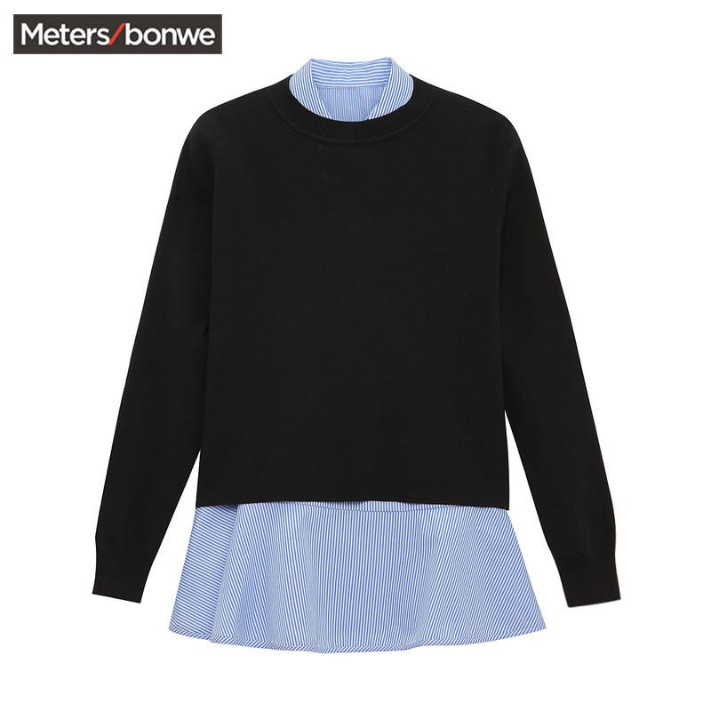 美特斯邦威针织衫女2018春季新款梭毛相拼套头毛衫商场款716634