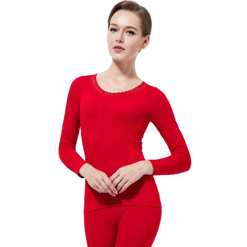 浪莎(Lang Sha)女士M棉质秋衣秋裤 薄款内衣性感蕾丝修身美体内衣套装打底衫