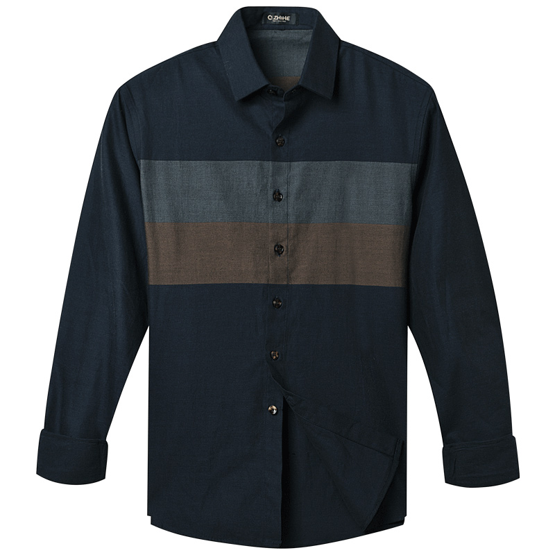 千纸鹤0271男装拼接色织磨毛条纹衬衣长袖棉质小领男士简约衬衫男0271