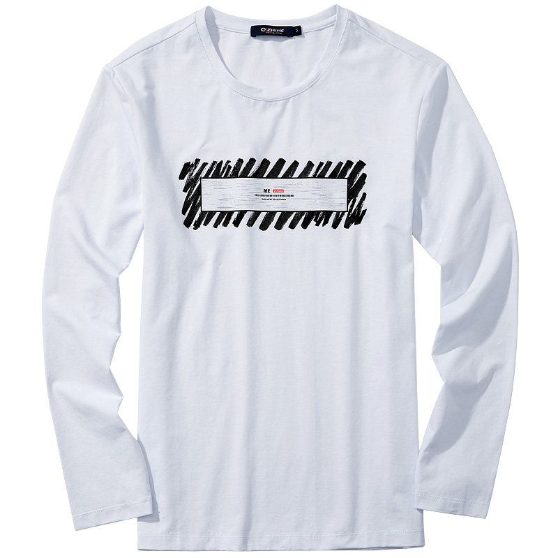 千纸鹤2321男装圆领印花长袖t恤 2018秋季棉质修身弹力体恤衫2321