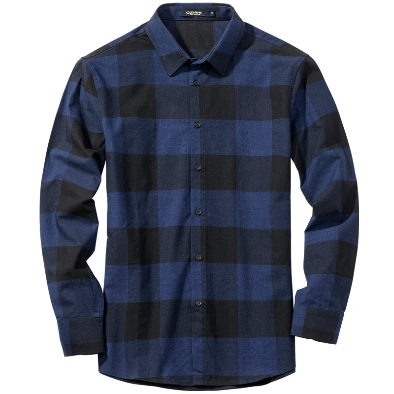 千纸鹤 1330纯棉色织格子衬衫男长袖 方领衬衣潮流休闲寸衫1330