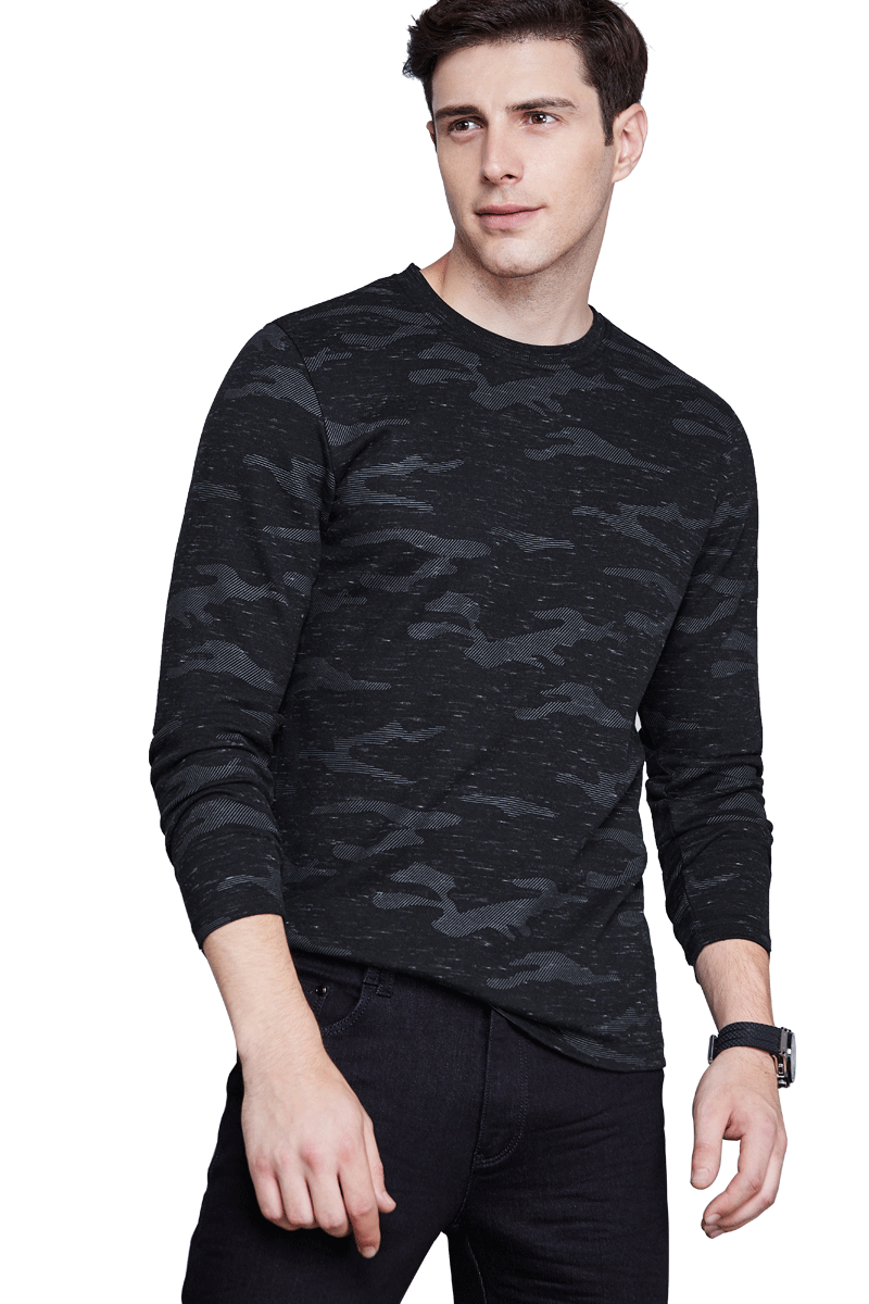 千纸鹤长袖t恤男 青年潮流圆领迷彩体恤修身针织花纱T桖2337