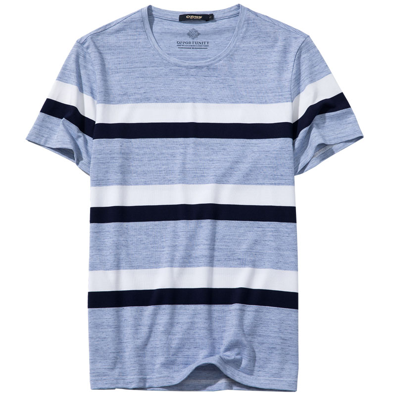 千纸鹤2592夏季新款男装时尚圆领条纹体恤衫简约短袖男士T恤2592