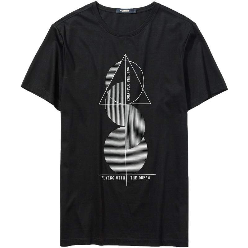 千纸鹤2508夏季新款男士T恤青年短袖修身时尚几何印花体恤衫2508