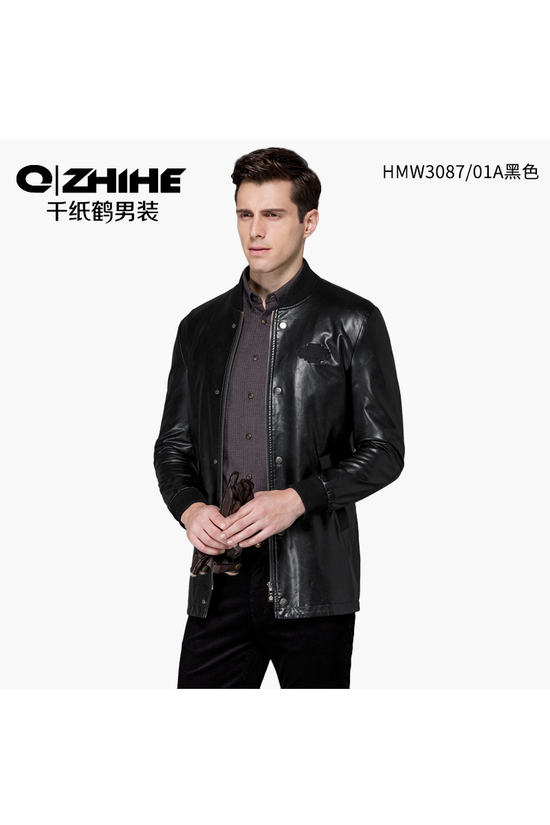 千纸鹤男士仿真皮皮衣夹克男青年潮中长款简约风衣休闲外套男3087