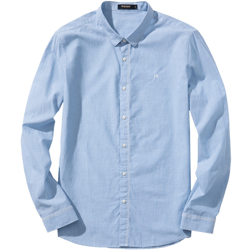 千纸鹤全棉男士衬衣青年长袖时尚衬衣蓝白刺绣休闲潮流寸衫10070