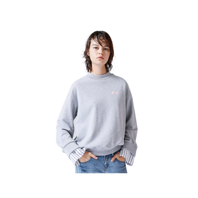 初语上衣女宽松小高领纯棉拼接衬衫布长袖卫衣女
