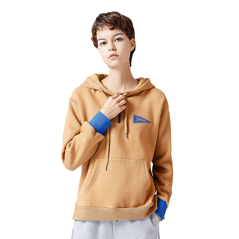 初语复古拉链加绒宽松卫衣女下摆开叉连帽撞色潮流帽衫