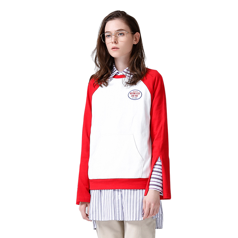 初语圆领撞色开叉袖字母长袖薄款套头卫衣女上衣