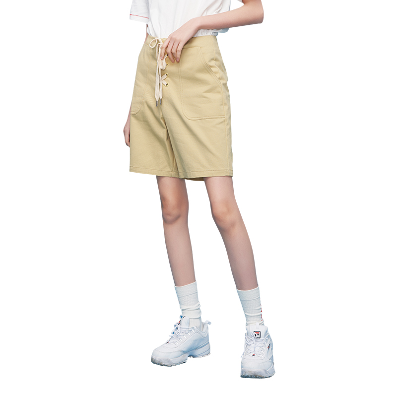 初语学院风绑带纯色高腰显瘦时尚棉质休闲短裤女