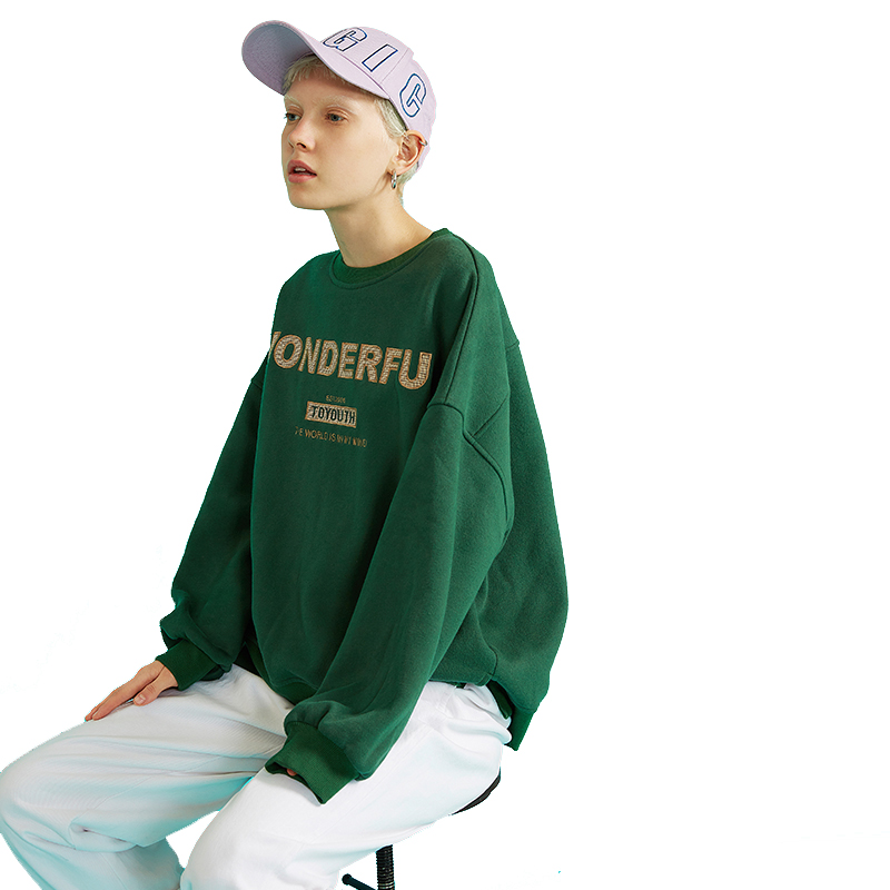 初语宽松卫衣女圆领落肩袖套头下摆开叉加绒外套厚