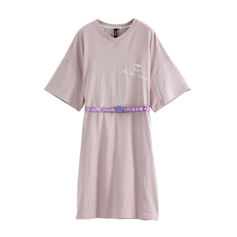 初语休闲印花T恤裙中长款紫色chic打底宽松针织连衣裙