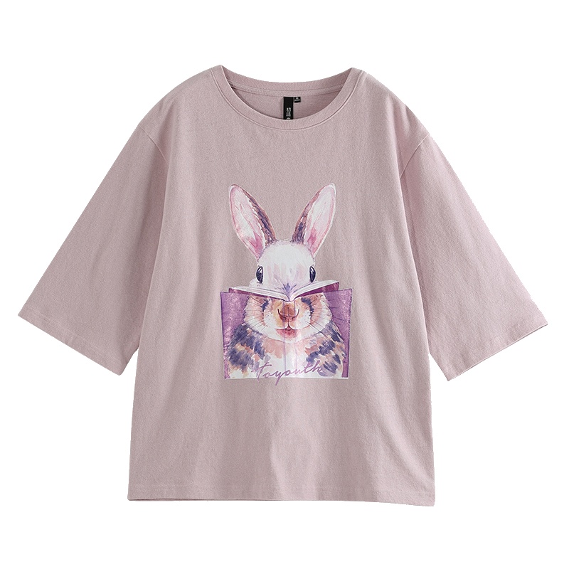 初语大版宽松T恤女半袖装减龄兔子印花韩版打底衫上衣