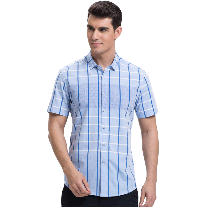 才子男装（TRIES）短袖衬衫 男士经典格纹几何拼接时尚休闲短袖衬衫1272E2421