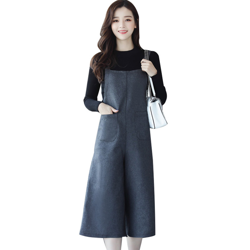 丝柏舍2018年秋季新款女装半高领长袖上衣搭背带阔腿裤女士套装S73R0086N